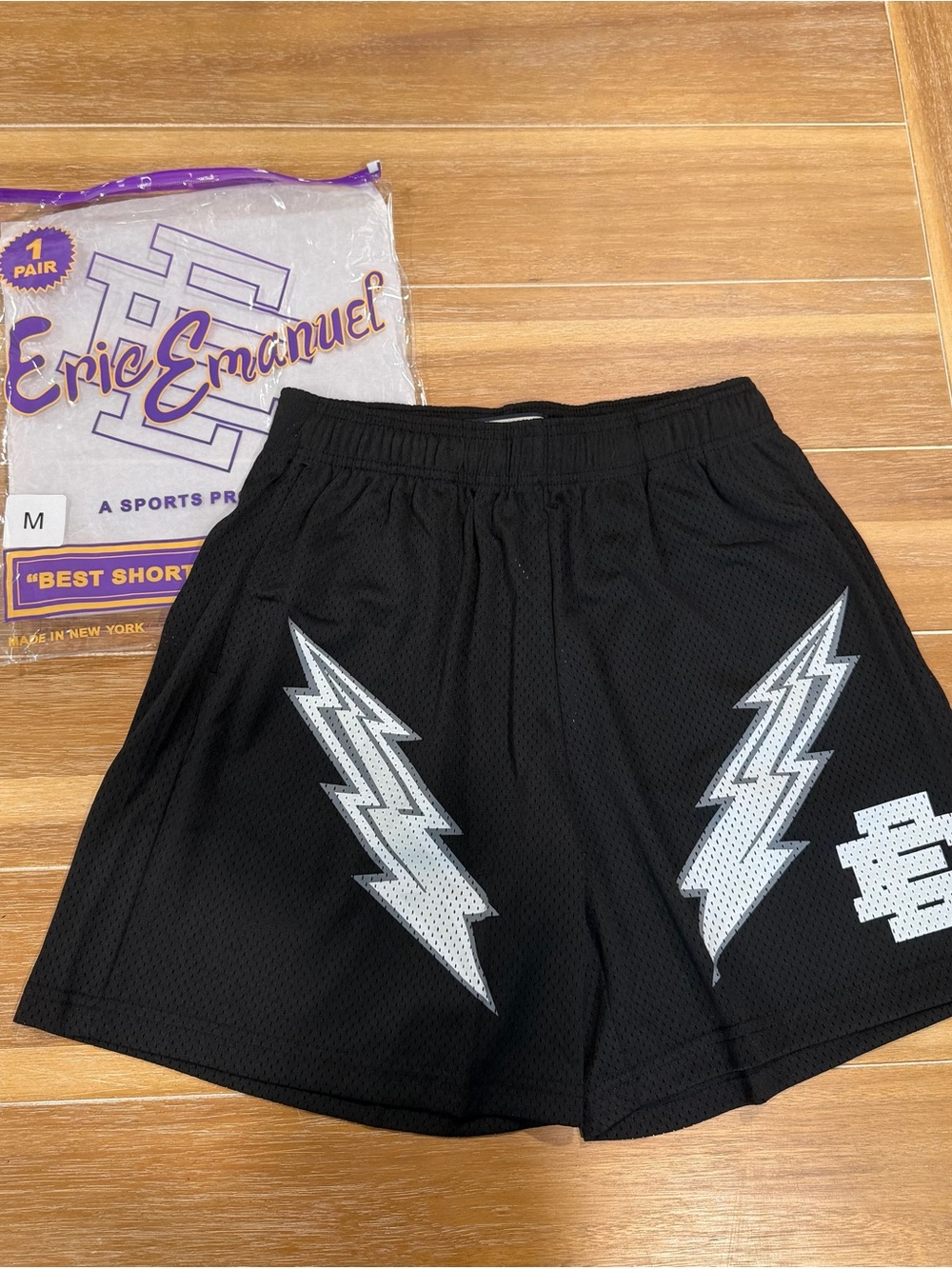 Eric Emanuel Black Athletic Mesh Shorts with Silver Lightning